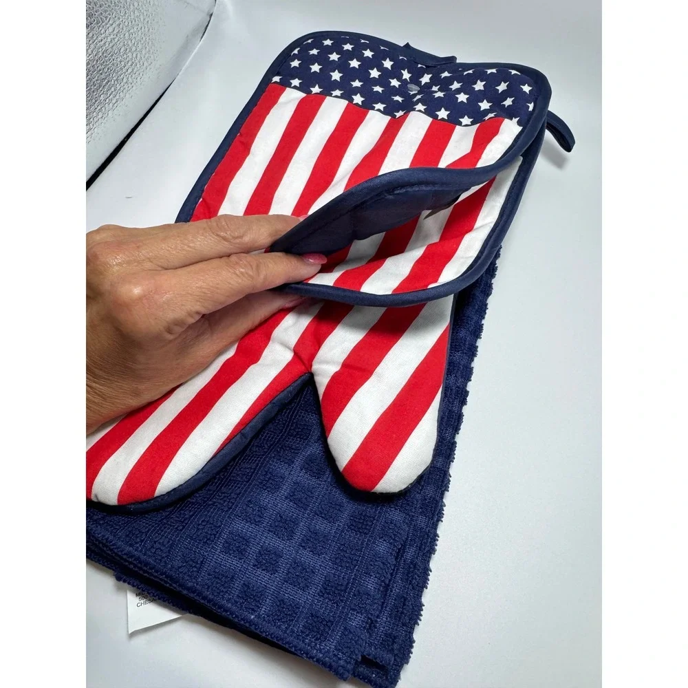American Flag Kitchen Set Oven Mitt Pot Holder Navy Waffle Dish Towel 3 Piece